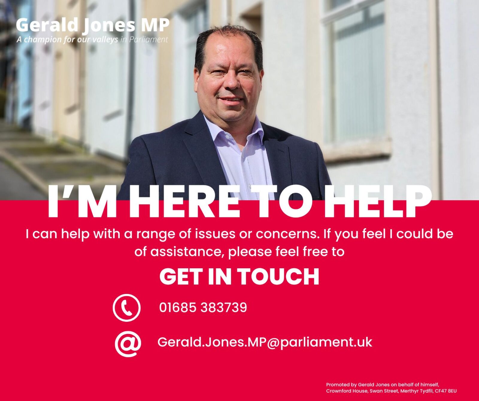Picture shows Gerald Jones MP and his contact details.