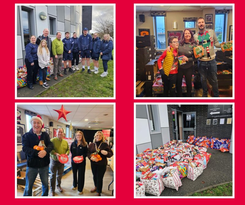 Images of the volunteers packing hampers.