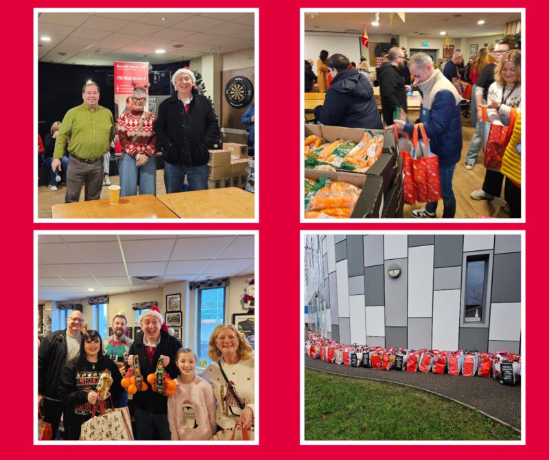 Images of the volunteers packing hampers.