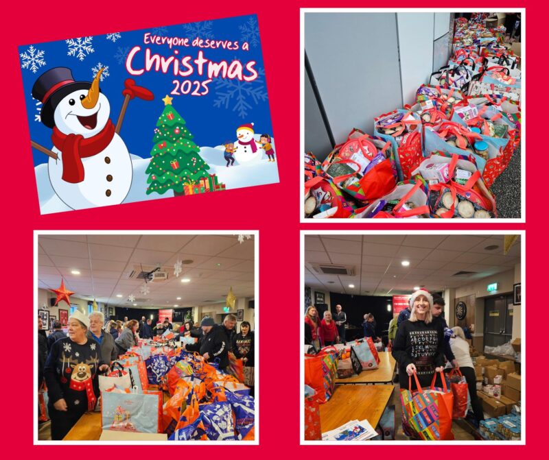 Images of the volunteers packing hampers.