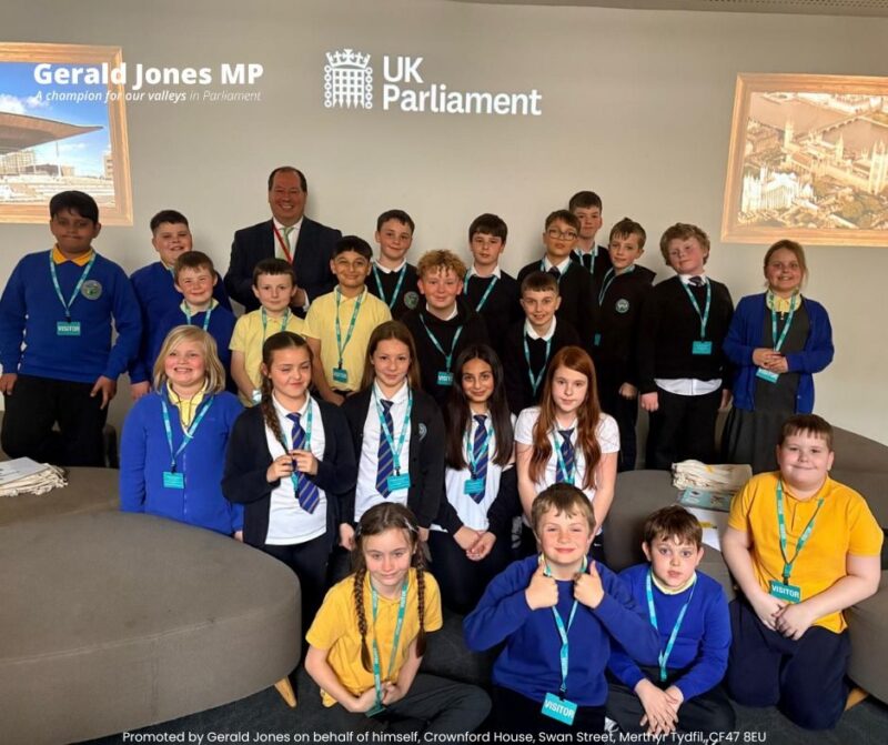 Images of the pupils and Gerald Jones MP at Parliament.
