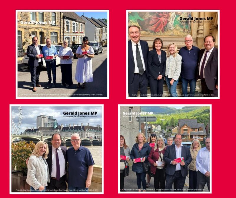 Image of Gerald Jones MP and others at various locations.