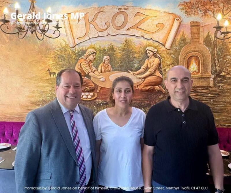 Image of Gerald Jones MP at Koz Restaurant with the owners Berkam and Daria.