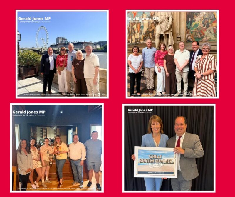 Image of Gerald Jones MP with others at various locations.